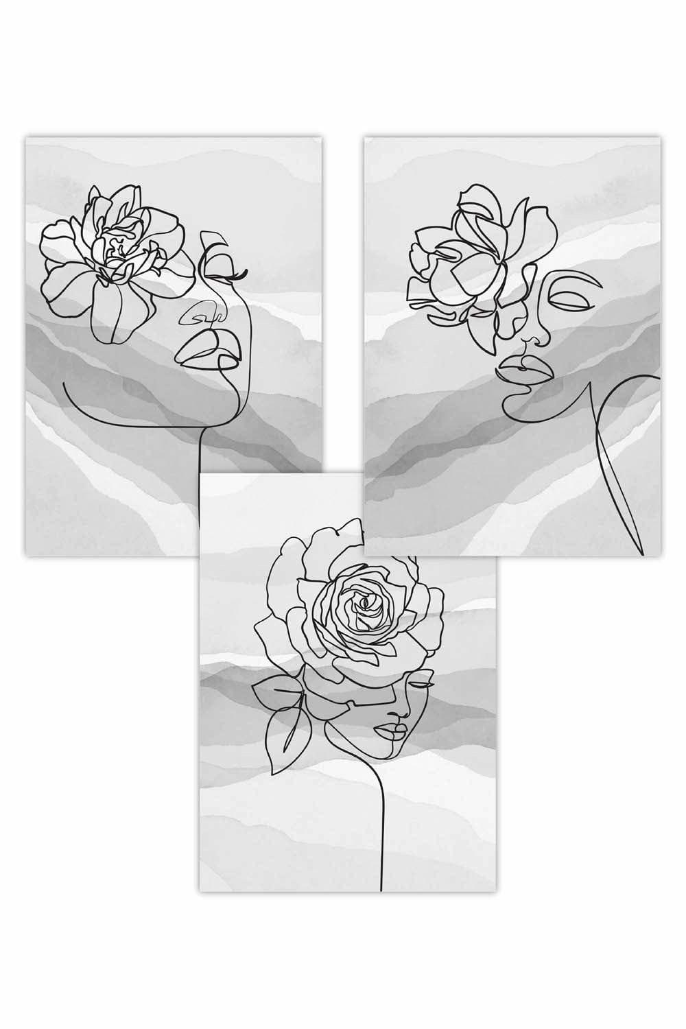 Set of 3 Female Line Art Floral Faces on Grey Art Posters